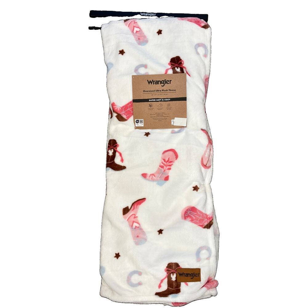 Wrangler Cowboy Boot Pink Hearts Cowgirl Western Plush Throw Blanket 60x70 NEW